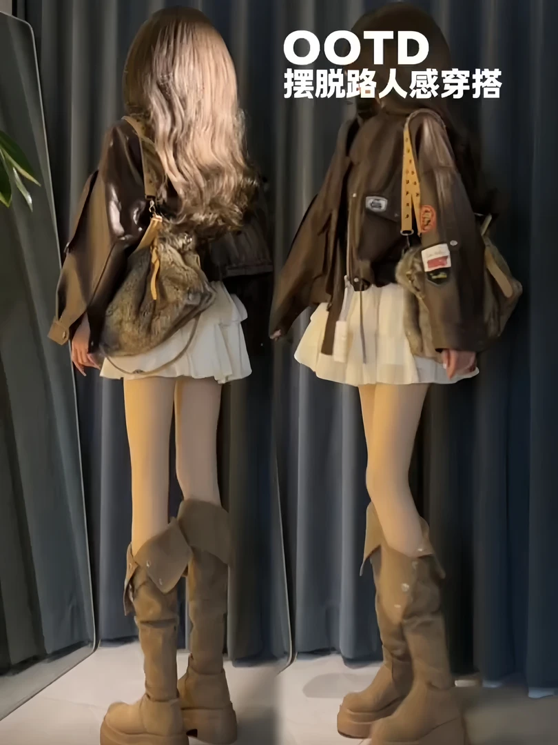 欧美咖色徽章贴布抽绳机车皮衣外套女秋季新款荷叶边连衣裙两件套