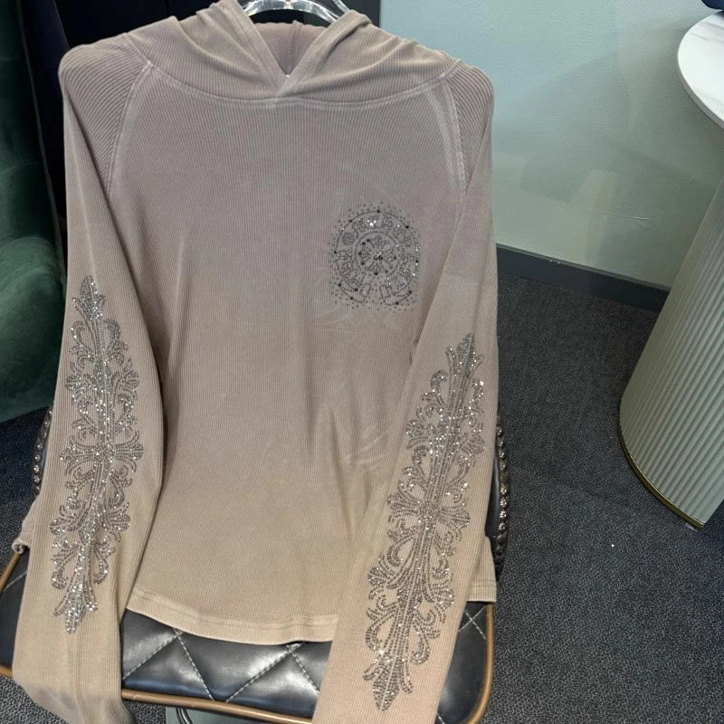 钻石康家2025春夏新款前后钻重工潮牌炒色连帽长袖打底衫090