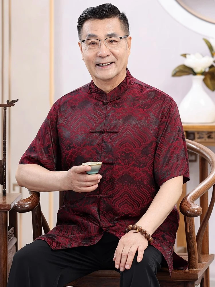 夏季唐装男中老年爷爷八十大寿夏装老人生日衣服爸爸中式结婚礼服