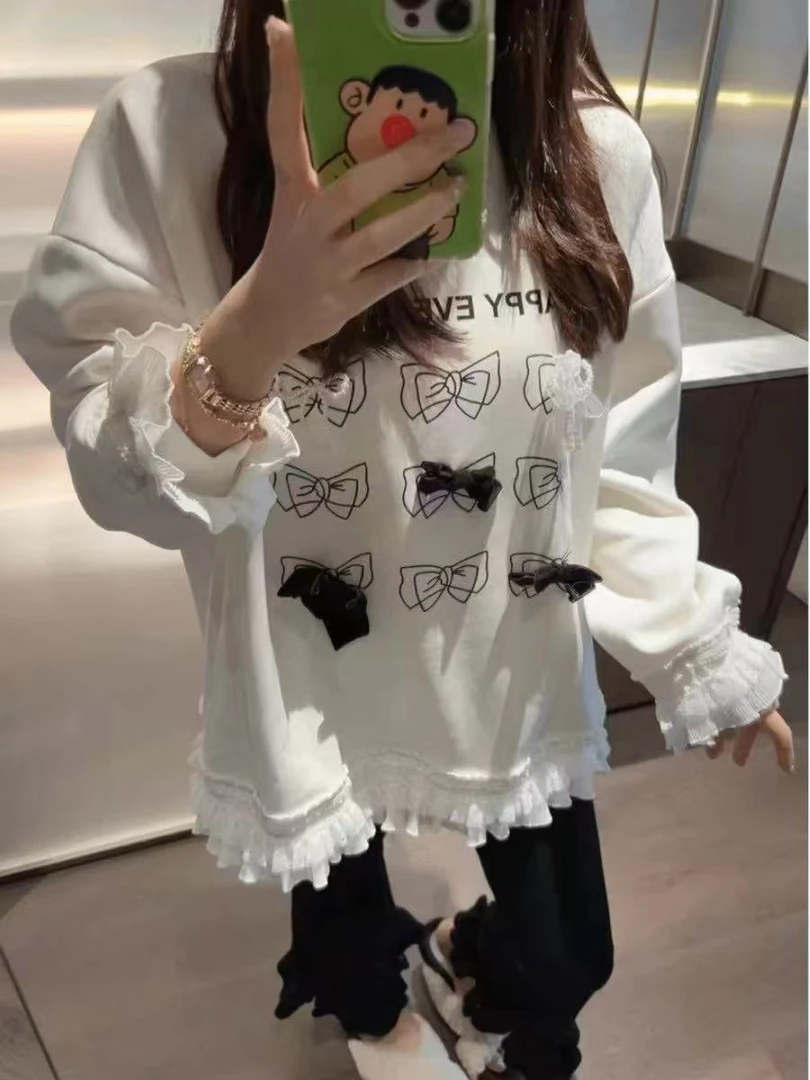 韩系甜美风重工多蝴蝶结蕾丝花边上衣百搭花边裤春季新款减龄显瘦