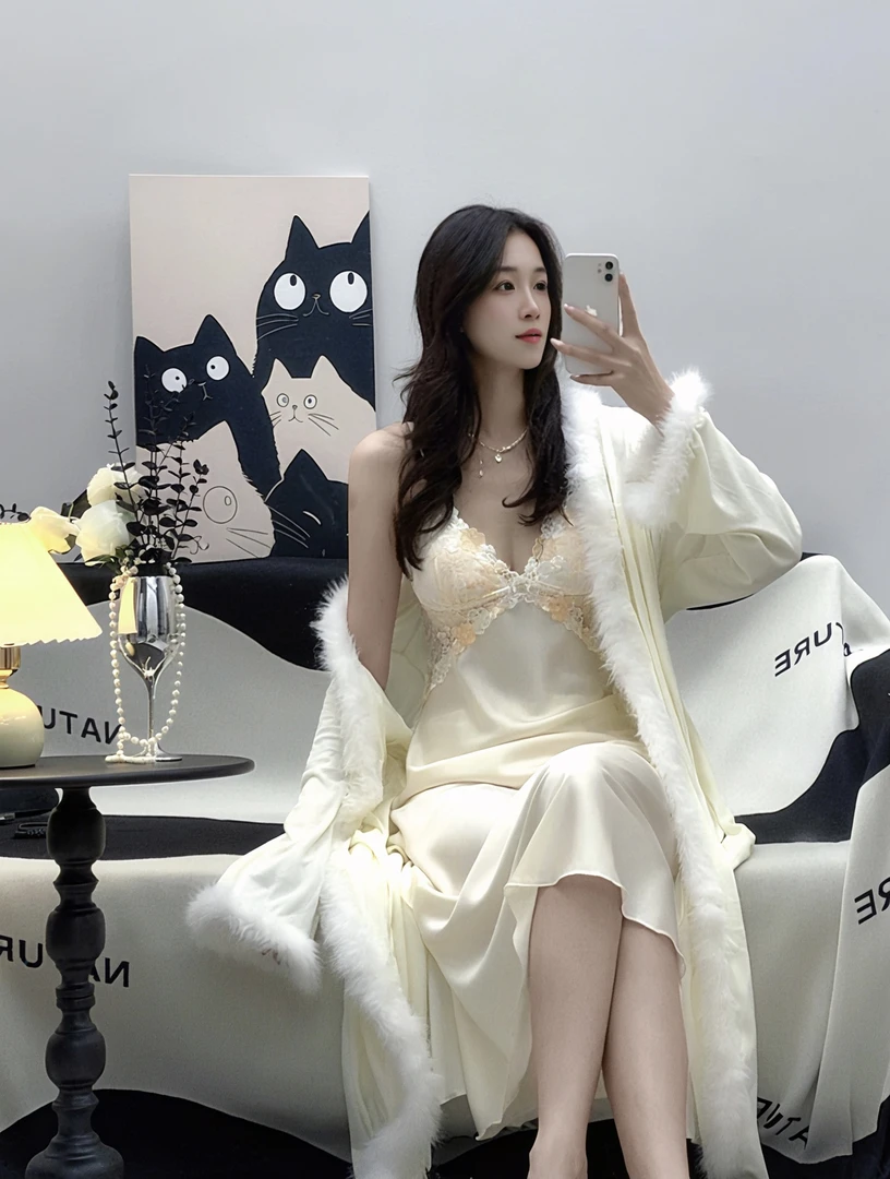 法式长款女纯色秋季长裙秋冬性感睡裙轻奢吊带裙蕾丝套装2件套