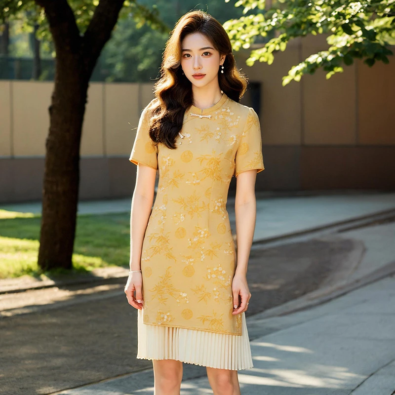 奢姿大码女装2025夏季时尚优雅改良款旗袍胖妹妹气质拼接立领裙子