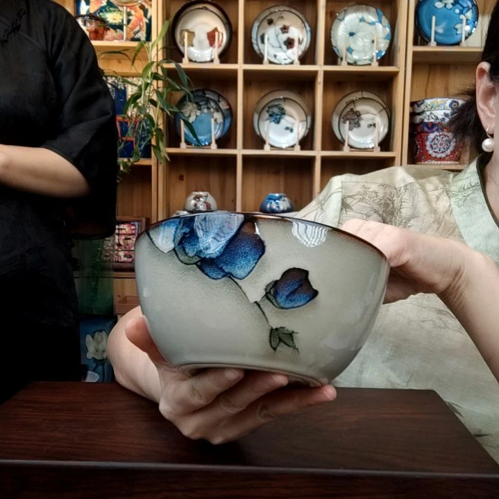 瓷片小可陶瓷高温釉下彩一组四只面碗