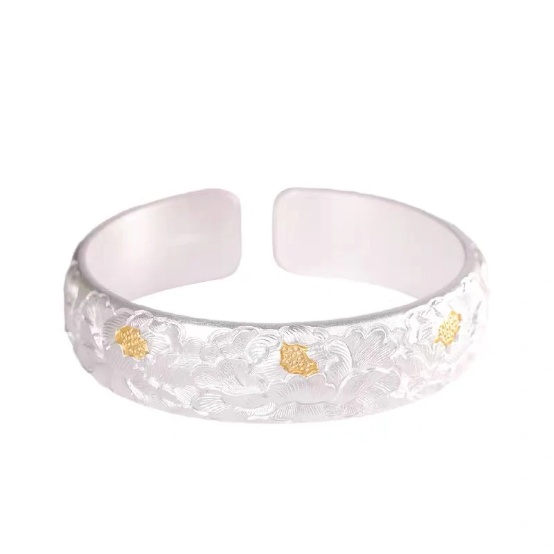 手链 手镯牡丹花开口实心手工银镯子国潮风新中式女款