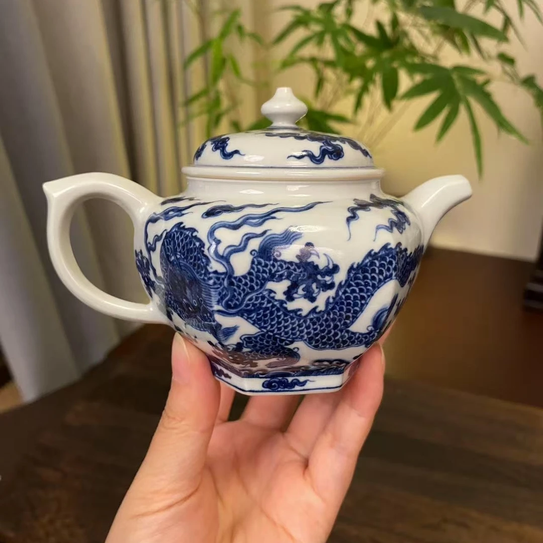 【四悦茶陶】仿明龙纹六方壶 景德镇陶瓷手工手绘容量180毫升