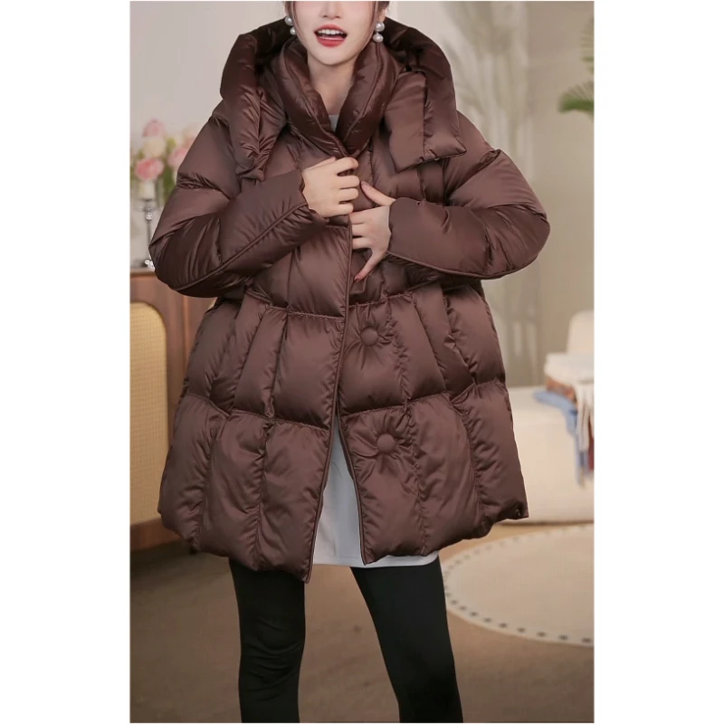 冬季新款连帽中长款棉服女鹅绒保暖极简外套高级感宽松显瘦加厚