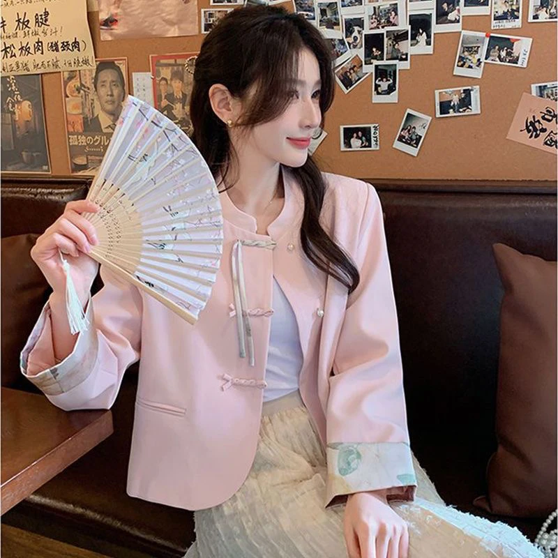 9013女圆领新中式春季厚款短款短外套常规包袖可调节拼色