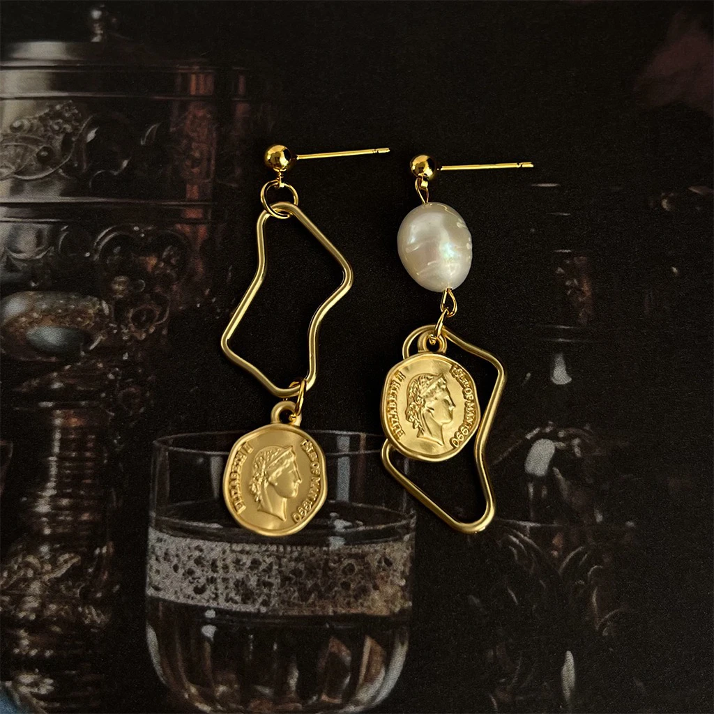 铜合金耳饰 小众设计师款AB款不规则金币耳环