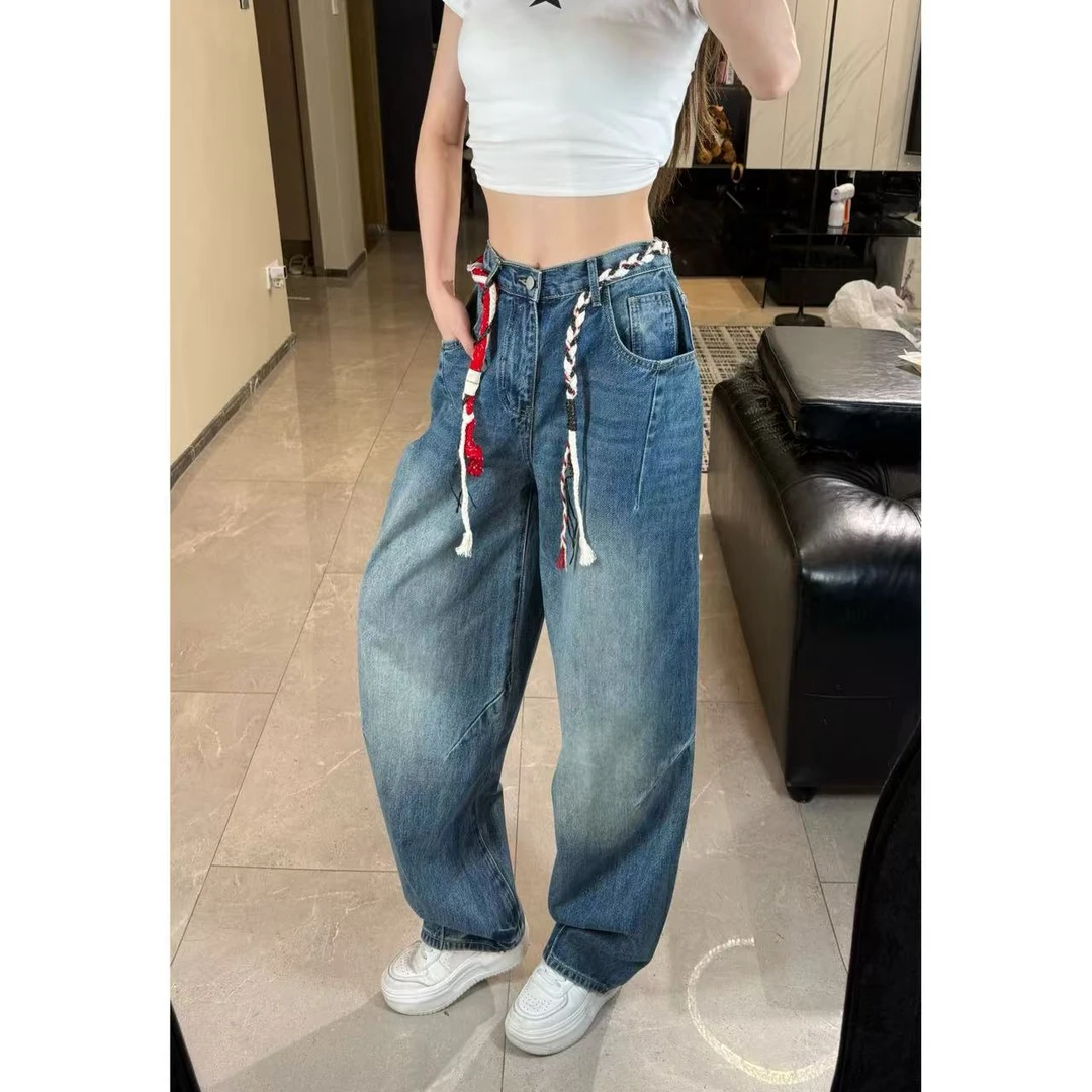 【七柒同款】磨白街头风中高腰水洗牛仔裤鱼骨裤拖地裤直筒ins风