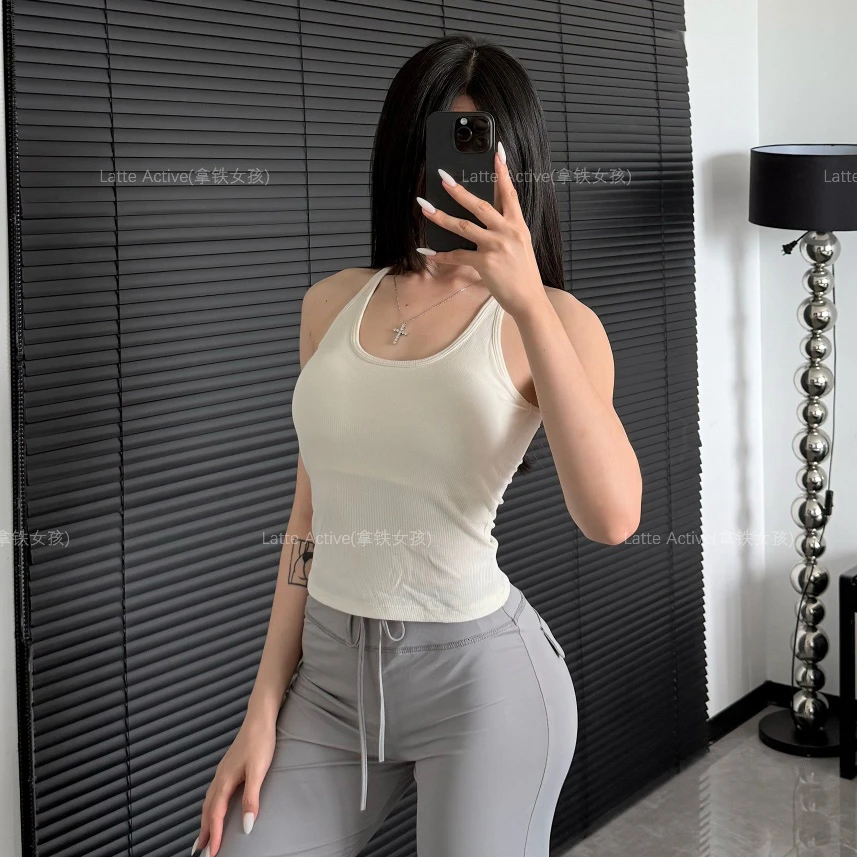 拿铁女孩美式辣妹带胸垫U领吊带背心女夏季短款运动显瘦工字内搭
