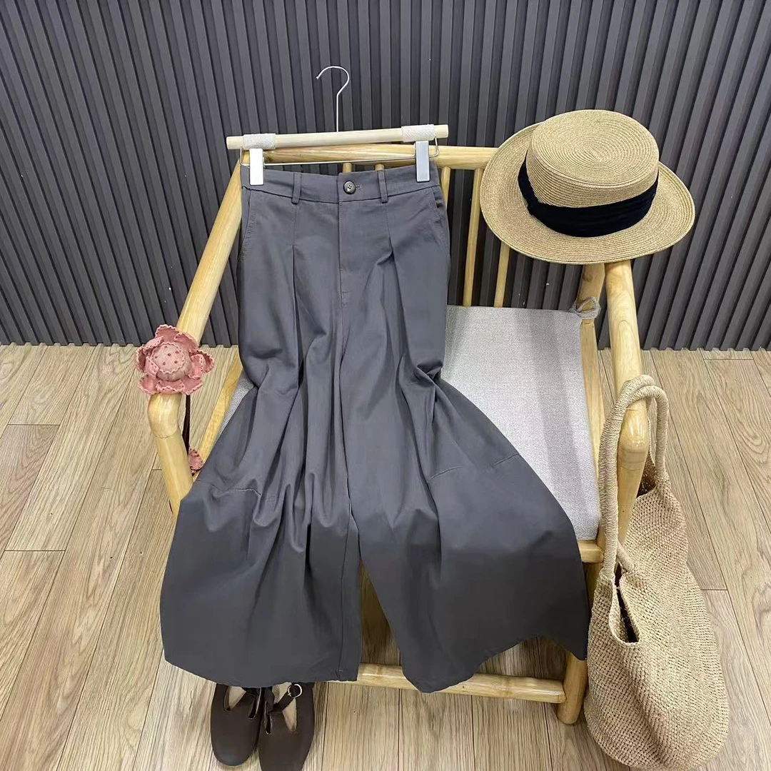 早秋高腰垂感阔腿裤纯棉宽松百搭显瘦纯色慵懒风长裤女K283