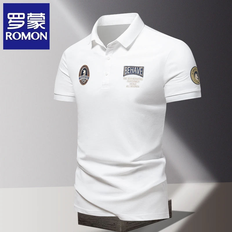 罗蒙冰丝短袖男士夏季商务休闲刺绣精致翻领POLO衫潮流t恤上装短T