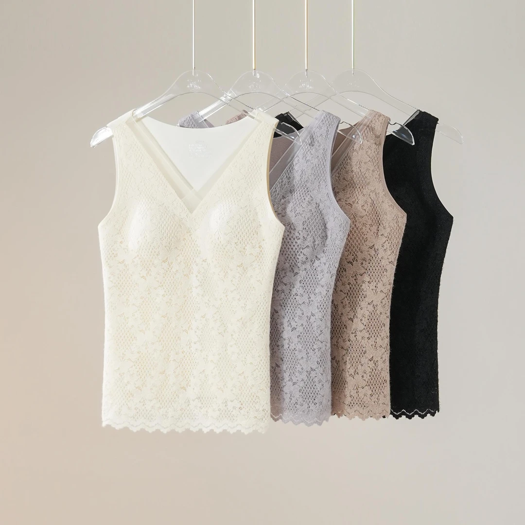 西子/【绵绵芯语】百搭保暖薄绒打底网纱蕾丝带胸垫背心/NYKLA001