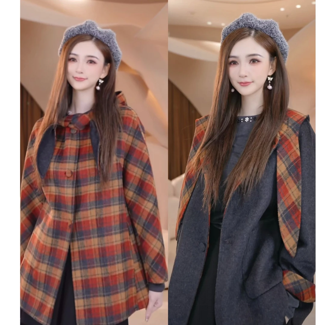 COCO BECCI【南港之秋】羊毛复古格纹高级感两面穿外套CFHHC300130
