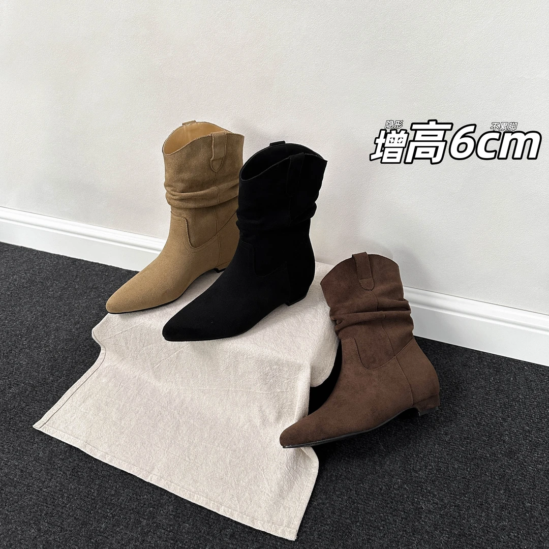 内增高尖头极简风短靴瘦瘦靴百搭单靴低跟冬季女靴复古粗跟秋冬靴