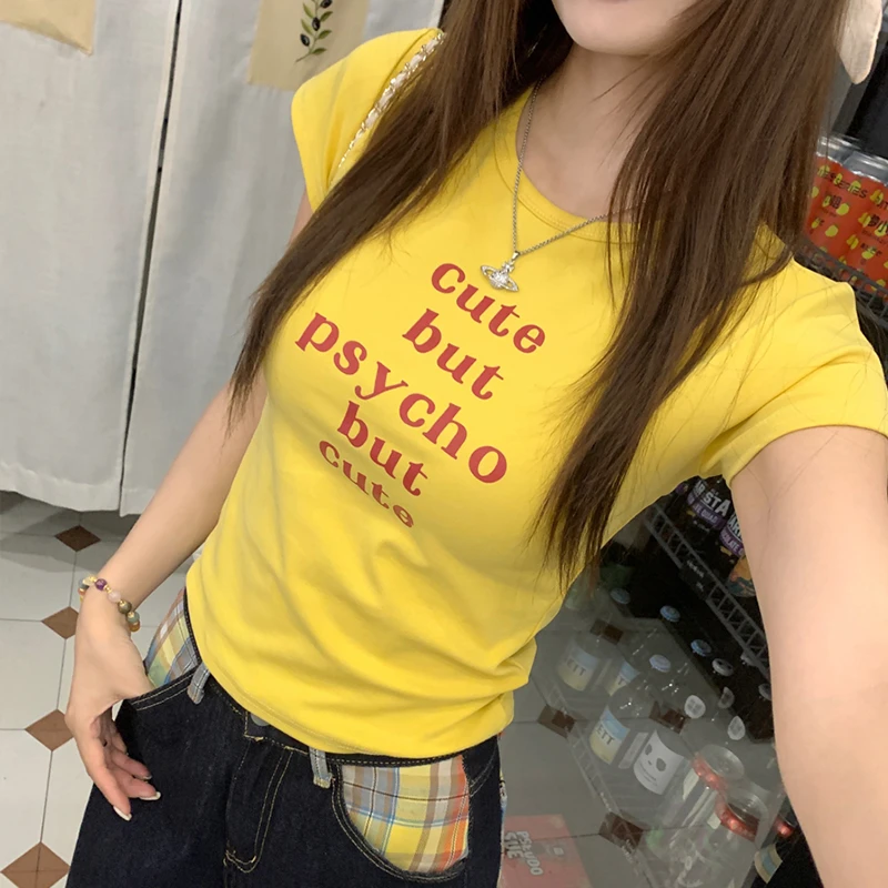 黄色正肩圆领印花短袖T恤女2025夏季新款设计感修身小上衣