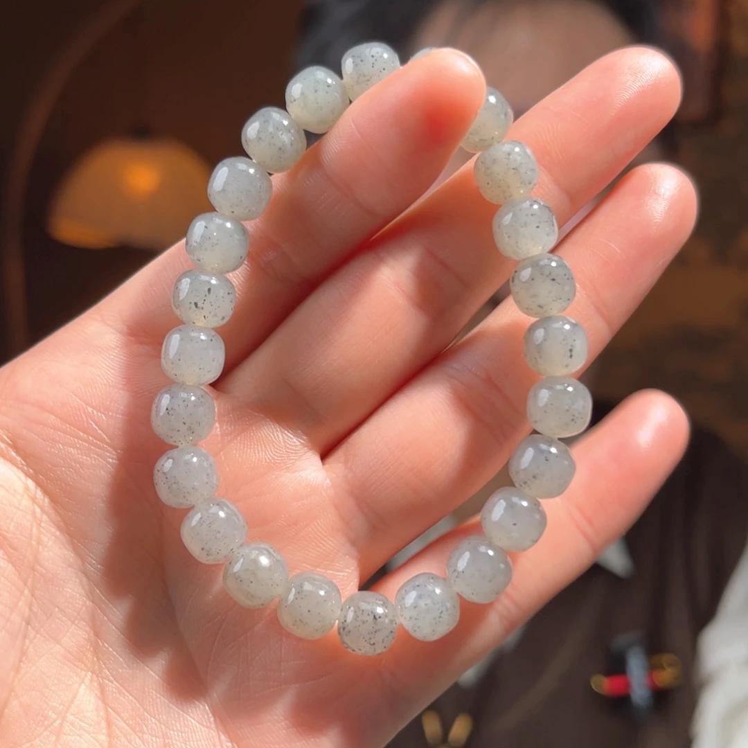 未镶嵌手串和田玉新疆老型珠点墨青花8mm80