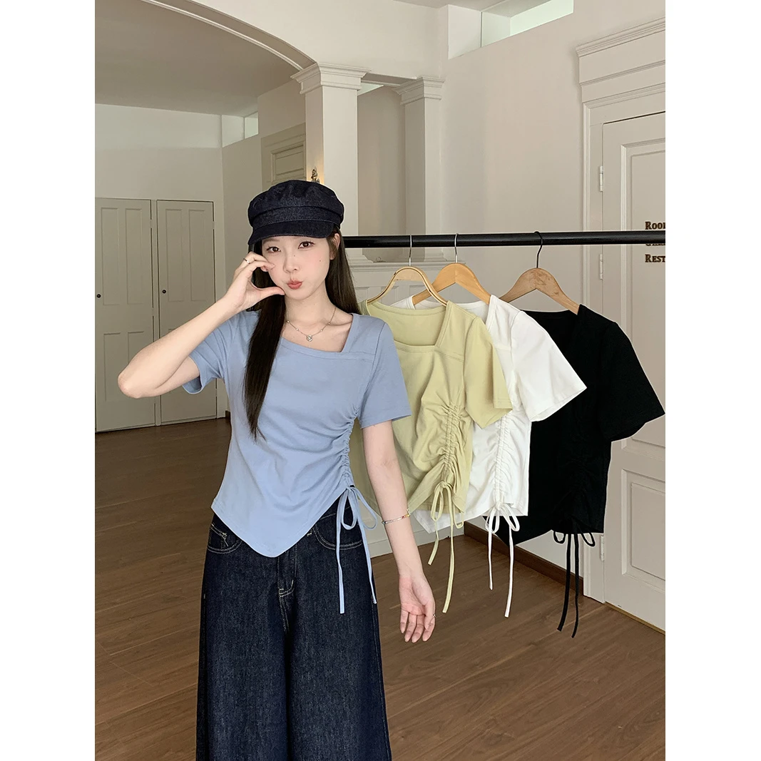 2025夏装新款胖mm大码女设计感不规则抽绳小众短袖T恤