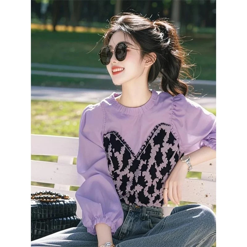 韩版设计感拼接豹纹衬衫女2026年春秋新款高级感百搭宽松圆领上衣