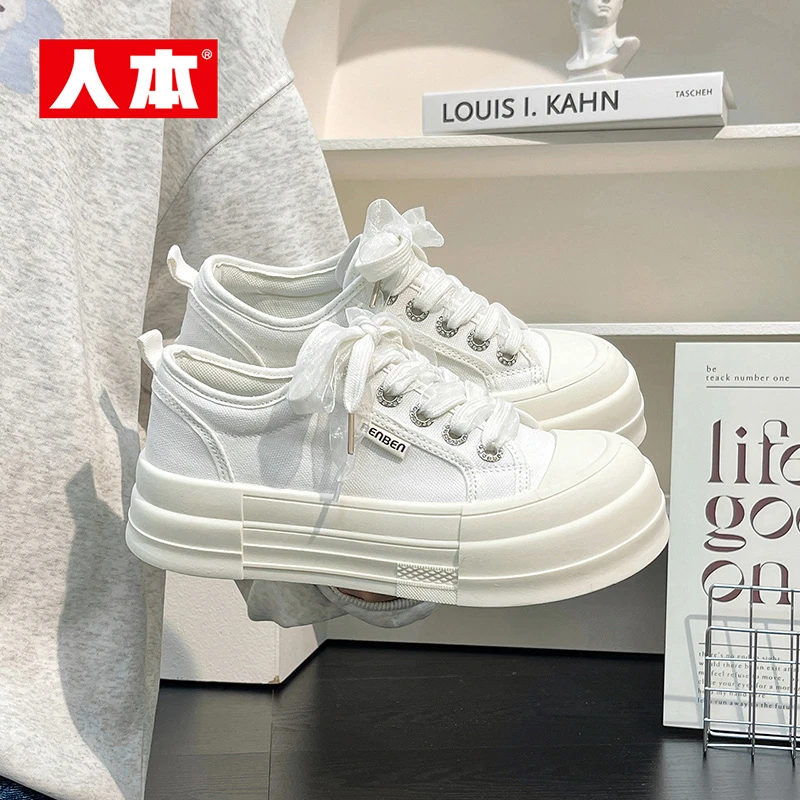 人本透气布鞋女春秋薄款2025新款网纱丝带系带厚底休闲板鞋