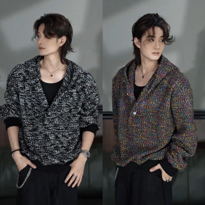 早秋新款潮牌肌理感连帽卫衣男美式时尚宽松个性百搭休闲V领上衣