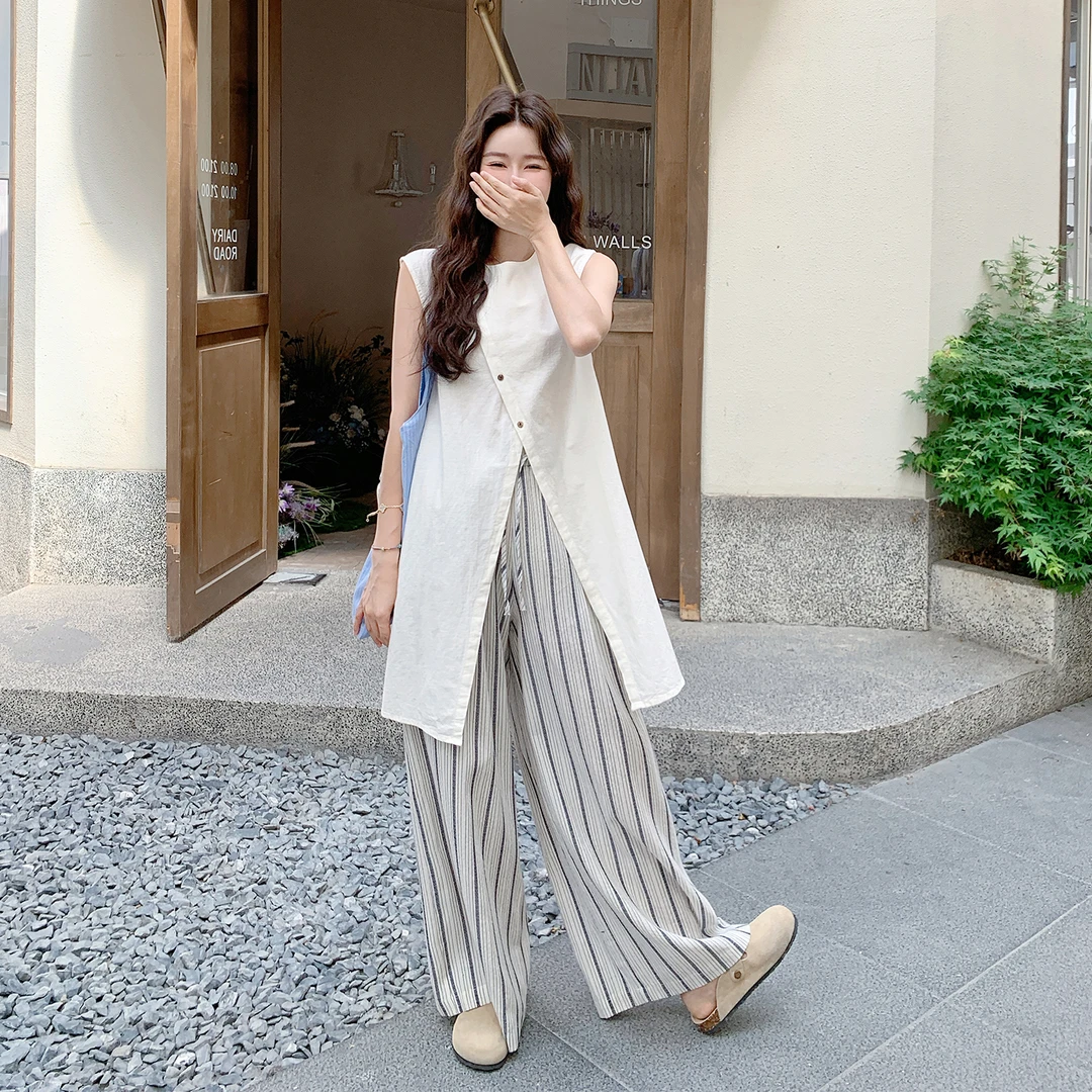 松弛感温婉大方女装套装2025夏季设计感无袖上衣条纹阔腿裤两件套