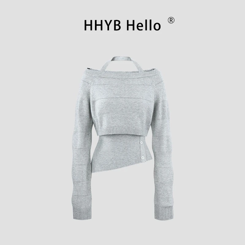 运补6-10  HHYB Hello新款修身挂脖针织衫两件套镂空毛衣套装女