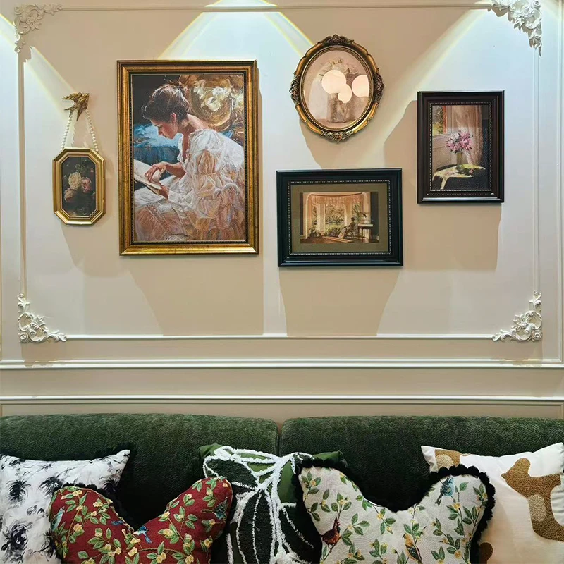 法式装饰画复古组合挂画中古风美式油画客厅沙发背景墙壁画高级感