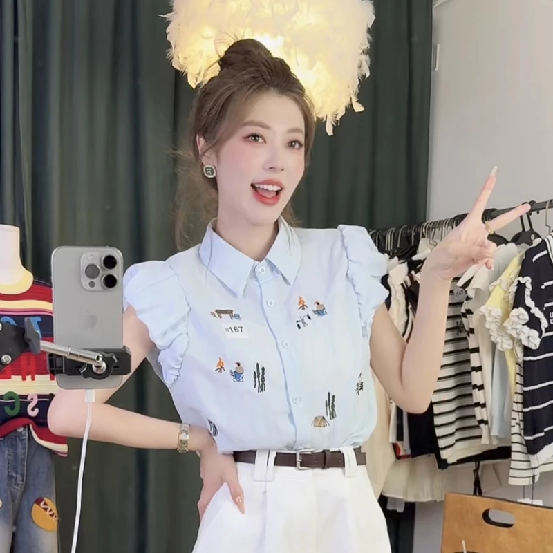 薇薇专属刺绣飞飞袖翻领衬衫女百搭显瘦减龄无袖小衫