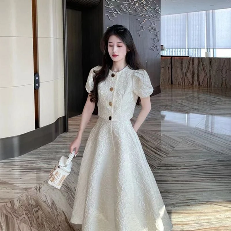 夏季复古富家千金风裙子套装过膝高腰连衣裙白色上衣中国风泡泡袖