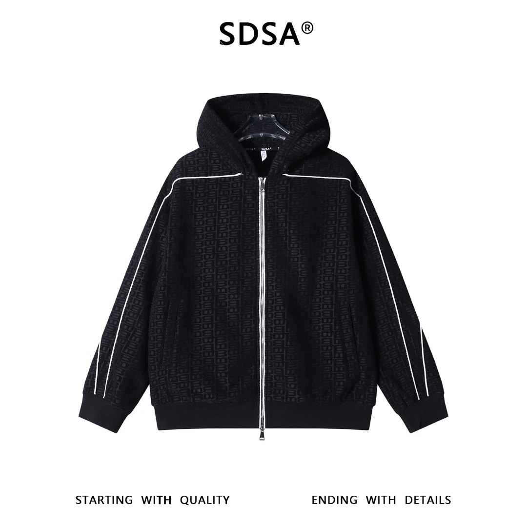 SDSA秋冬新款痞帅男装简约提花满印字母拉链连帽卫衣宽松百搭外套