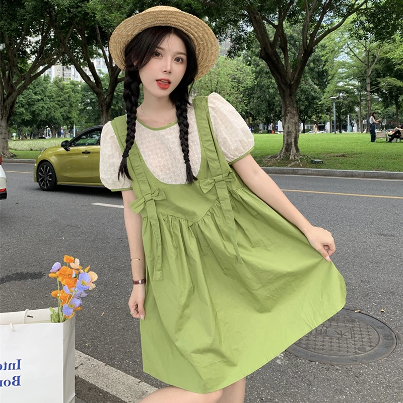 大码女装胖显瘦连衣裙法式小众设计感蝴蝶结浅绿色假两件背带裙