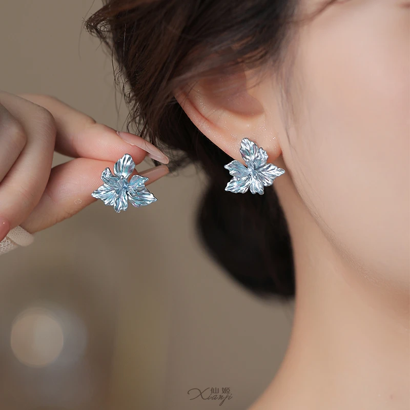 非金属硅胶耳饰 20443蓝色花瓣耳钉925纯银2025新款百搭耳饰耳环
