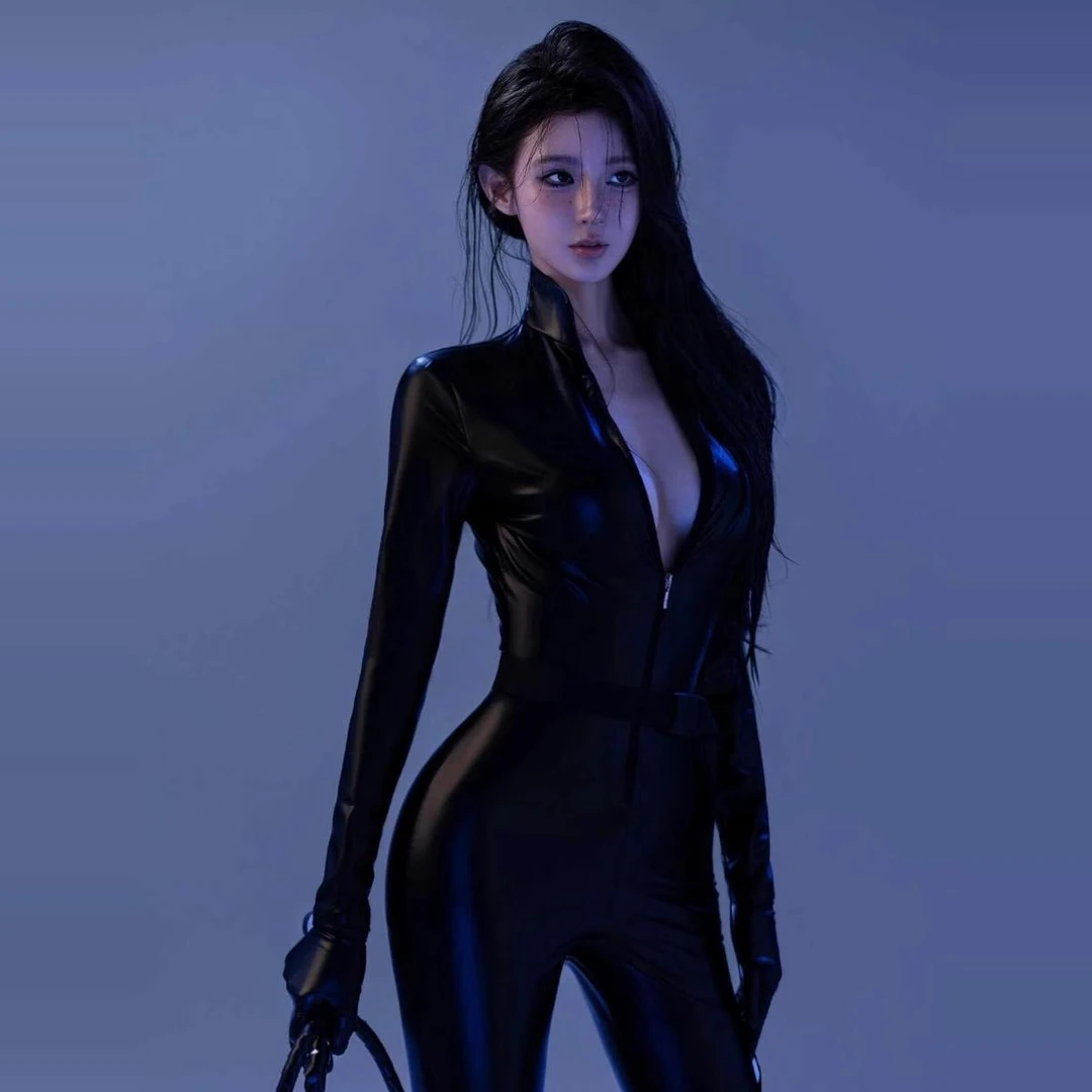 性感辣妹拽姐紧身连体衣黑色薄款PU女特工漆皮衣皮裤长袖连体衣裤