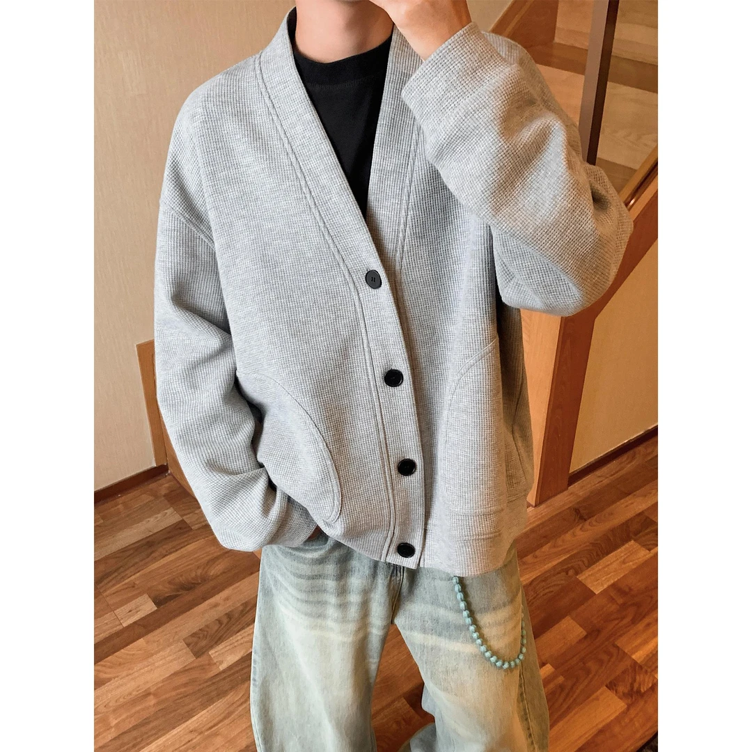 华夫格灰色开衫卫衣男款秋季潮牌简约慵懒风外套初秋新款宽松上衣