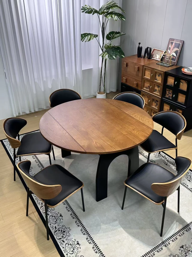 中古风/可伸缩餐桌/小户型/白蜡木全实木餐桌/复古风折叠圆桌饭桌