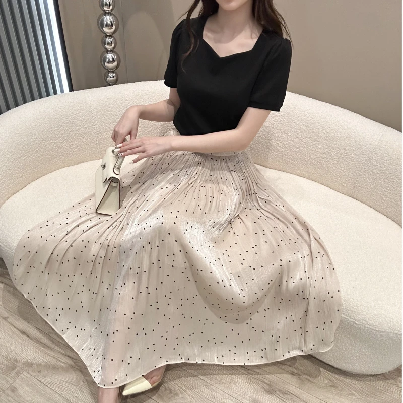高腰波点长裙半身裙百搭半裙显瘦百褶纱裙裙子气质韩版A字
