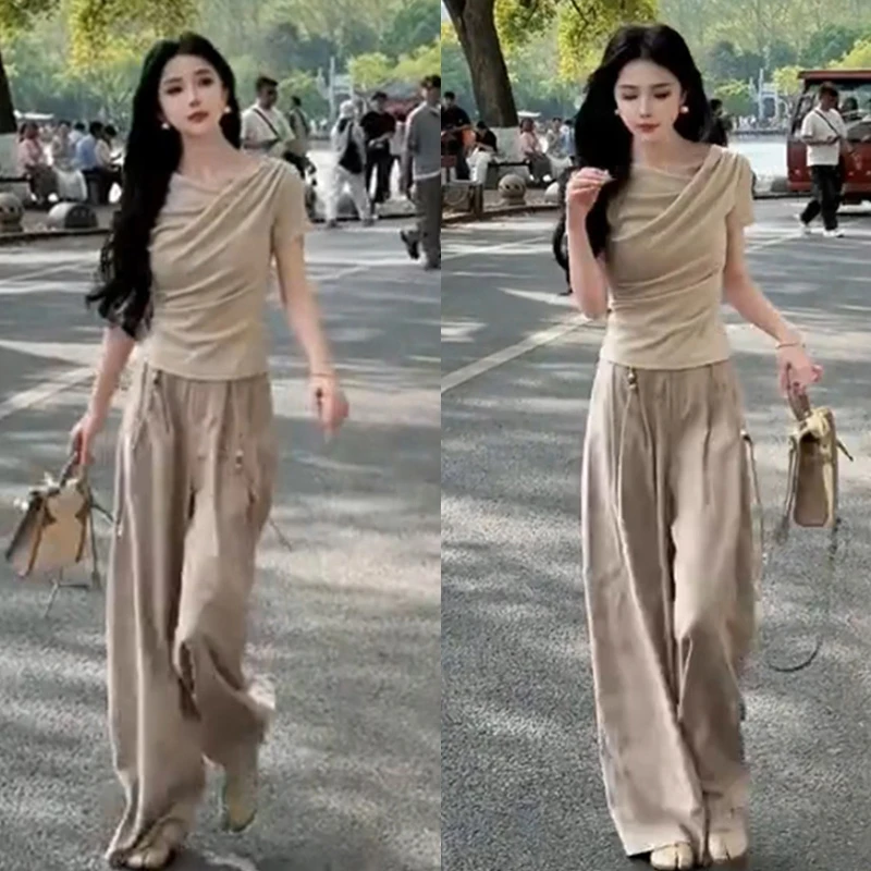 潮流韩系时尚潮流T恤裤子套装女2025春夏季新款减龄修身显瘦套装