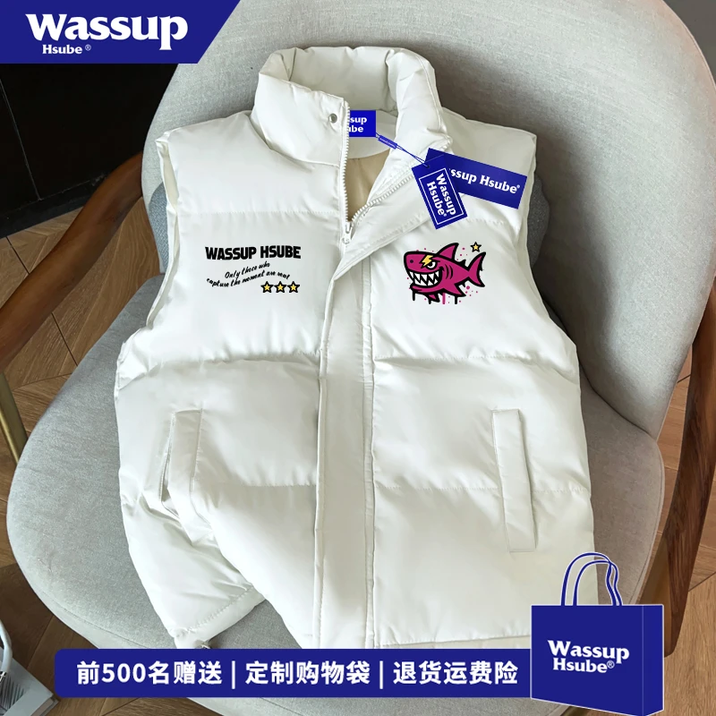 WASSUP HSUBE美式鲨鱼字母印花坎肩外套男宽松秋冬季潮牌立领马甲