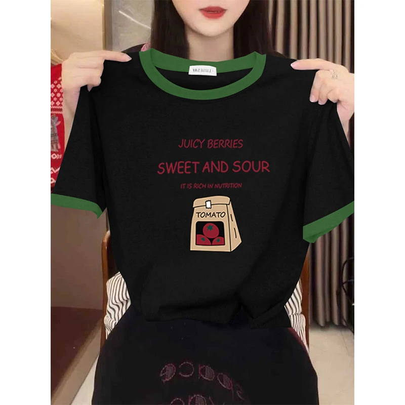 设计感圆领正肩拼色短袖t恤女上衣时尚百搭洋气打底衫2025春夏季