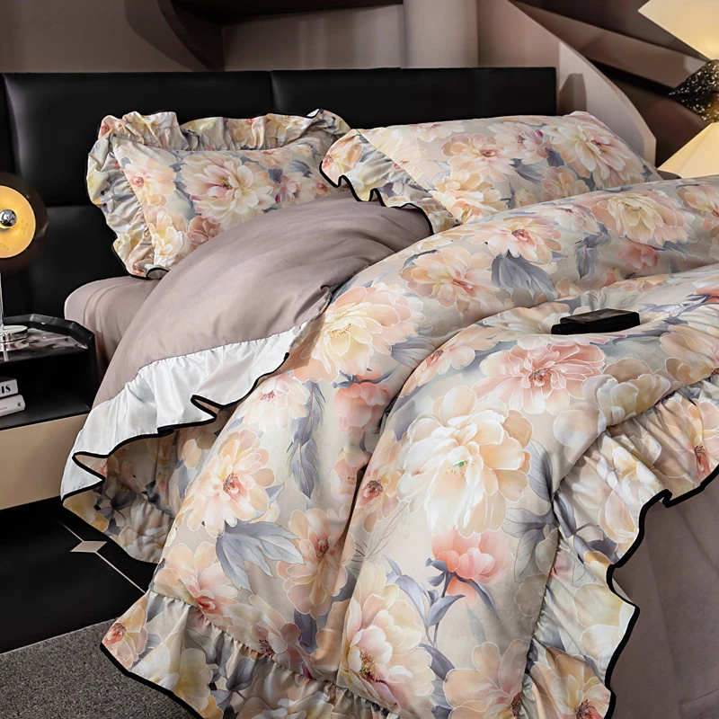 法式田园复古风轻奢印花四件套亲肤舒适荷叶边被套罩床单床上用品