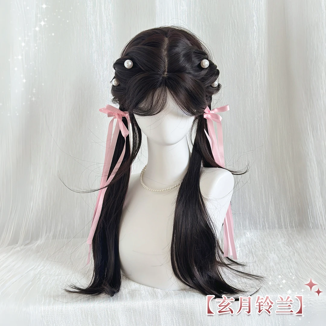 【玄月铃兰】黛美假发女古风垂耳兔双马尾编发黑色长直发全头套
