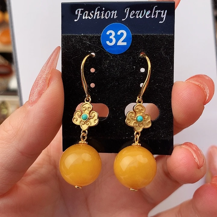 蜜蜡耳饰银S925镶嵌耳饰