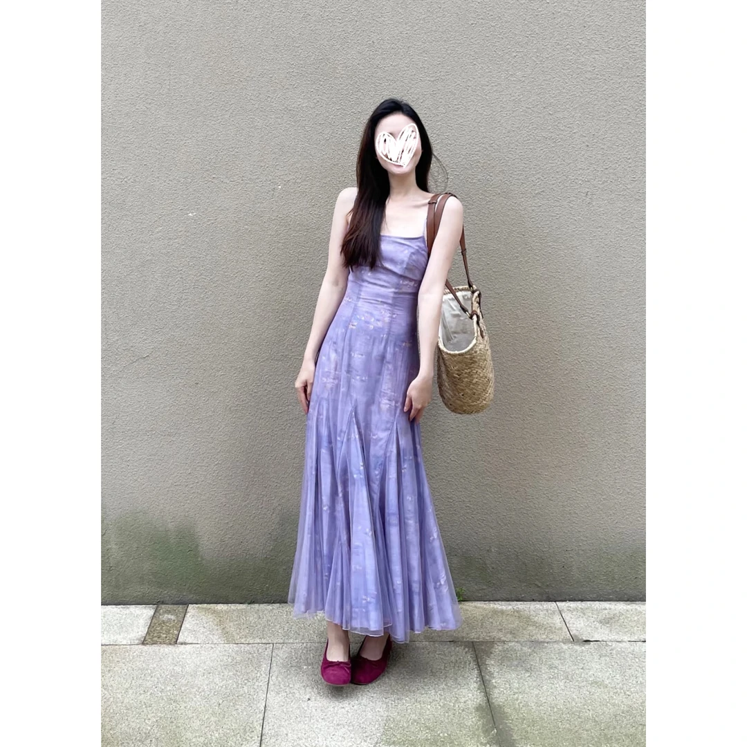 【DARAROSE】独特美人鱼仙气印花两层设计款网纱吊带裙红色连衣裙女