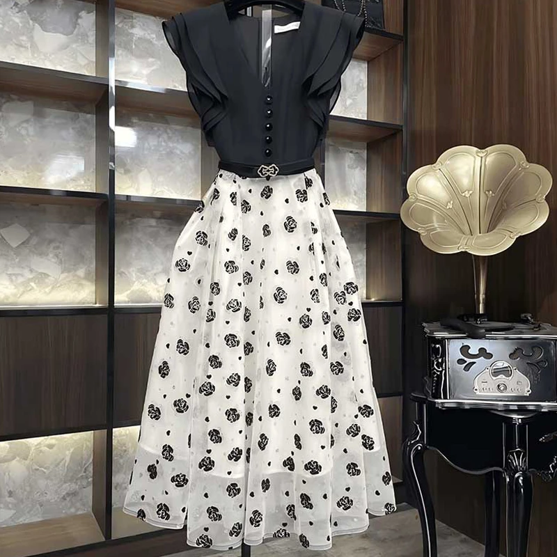 【有里布】法式气质显瘦收腰连衣裙春夏遮肉显瘦轻奢裙子女D1008