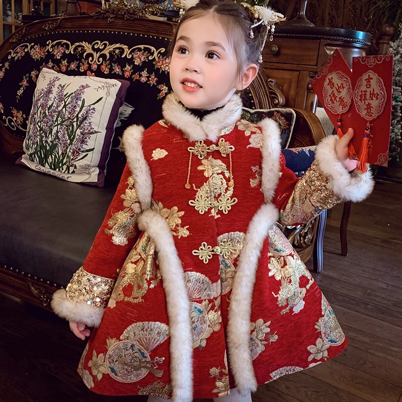 【现货】米米哈罗女童冬季新中式织金汉服中国风新年外套裙D240398