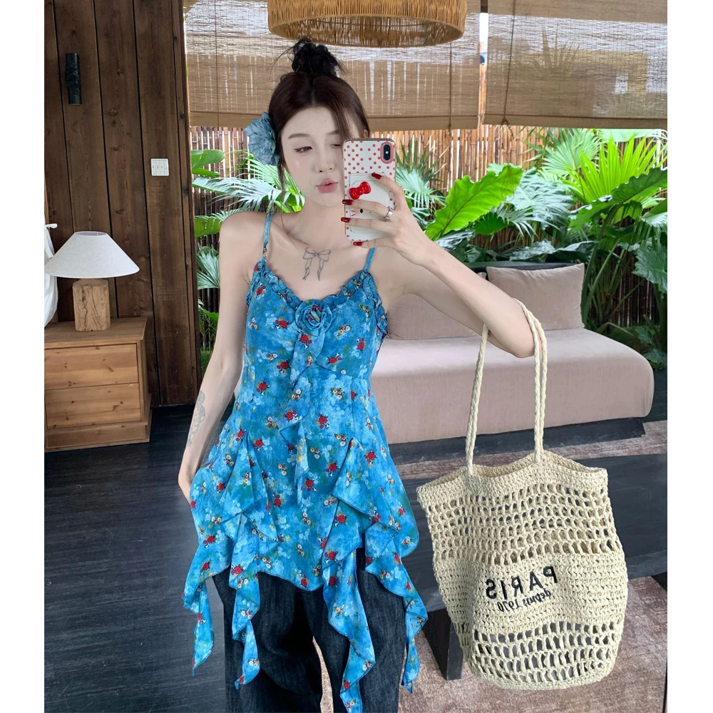 2025夏季新款不规则荷叶边设计感辣妹立体花朵收腰上衣吊带背心女