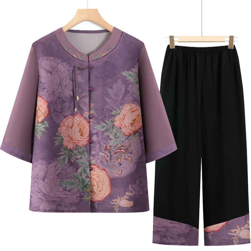 夏装短袖奶奶套装中老年人衬衫女气质妈妈装夏季开衫老人衣服洋气