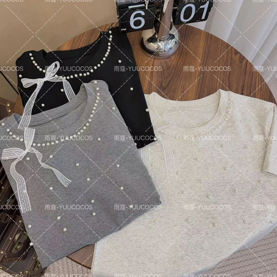 【钉珠蕾丝】夏季新款手工珠子蝴蝶结减龄短袖T恤正肩打底衫女