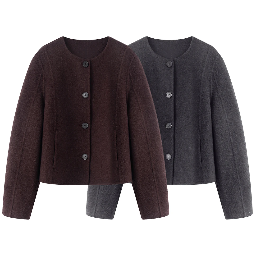 迪家同款纯色短款圆领双面毛呢大衣W173257